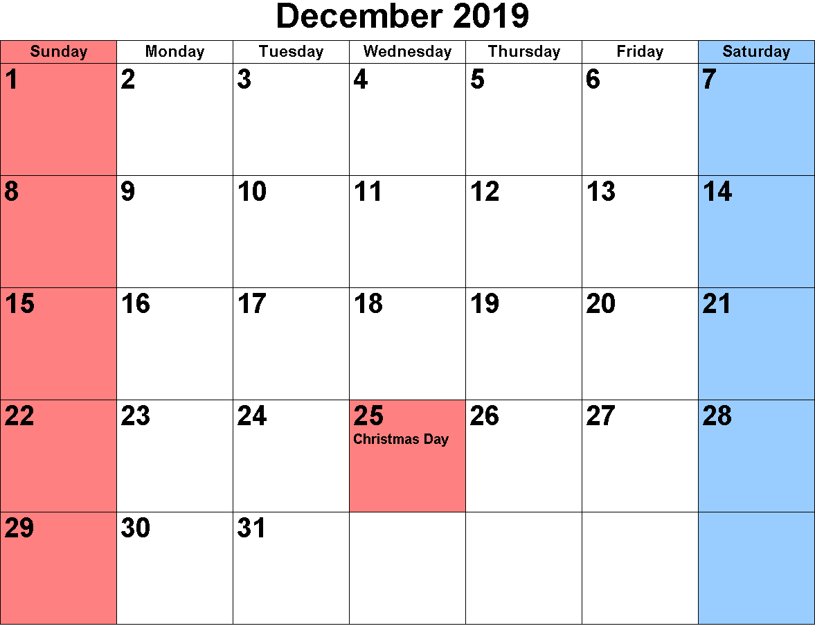 December 2019 Calendar Printable