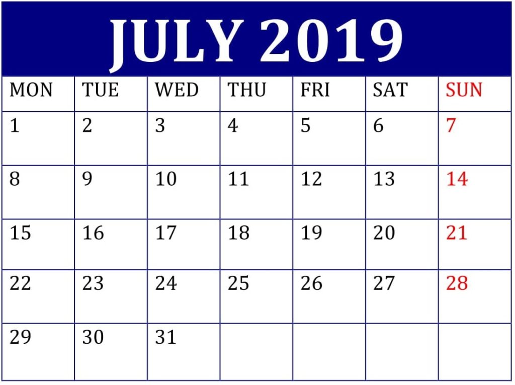 Month Of July 2019 Calendar For Word Pdf And Excel Latest Printable