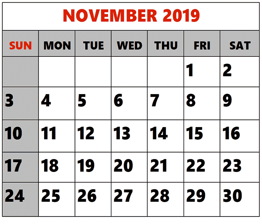 November 2019 Printable Calendar One Page Template Latest Printable