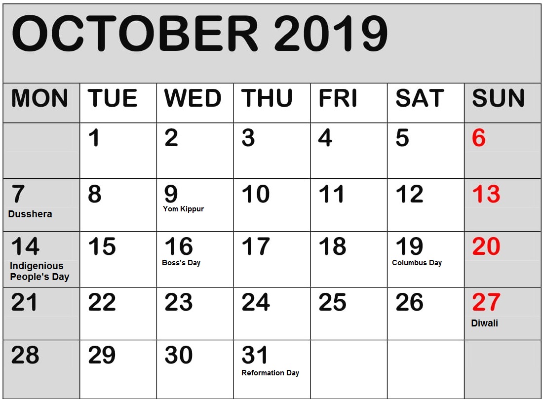 October 2019 Calendar With American Holidays And Events Latest