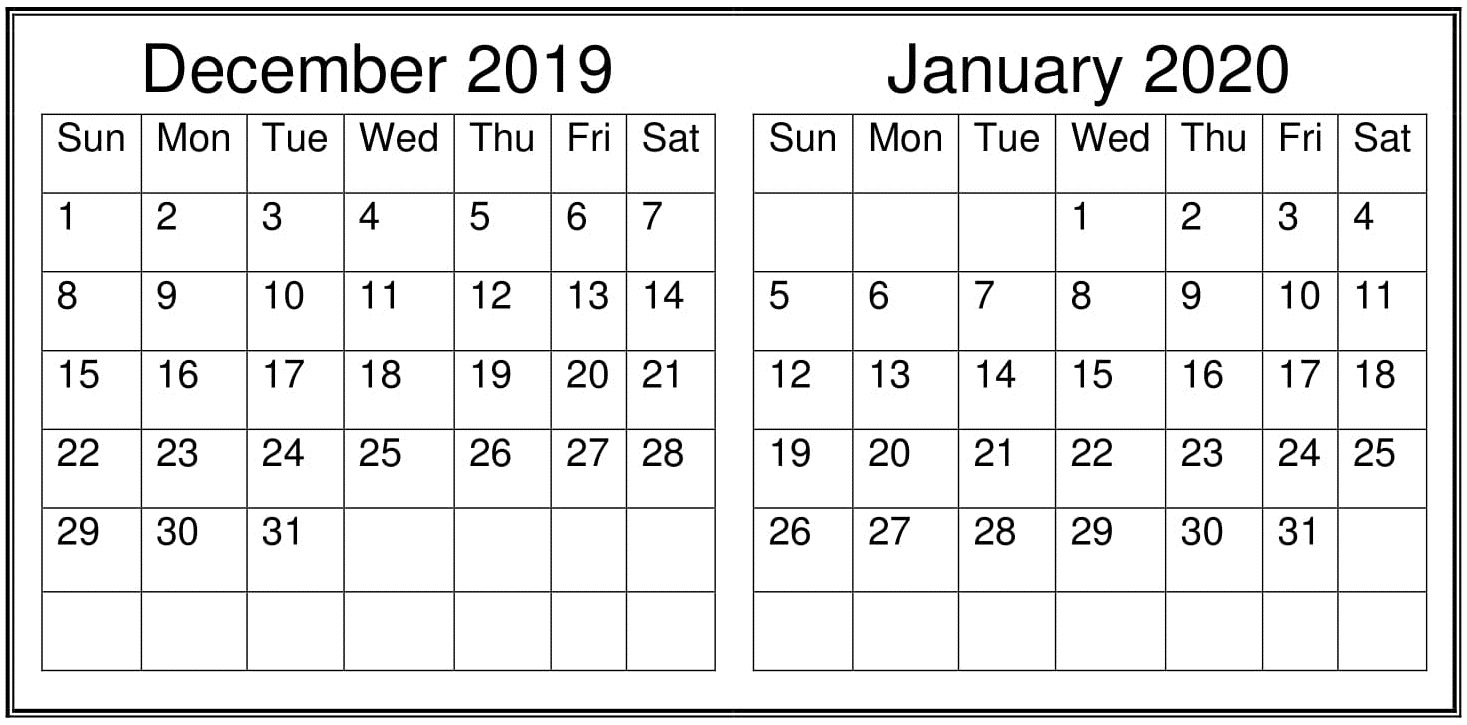 December January 2020 Calendar Excel, Word Printable - Latest Printable