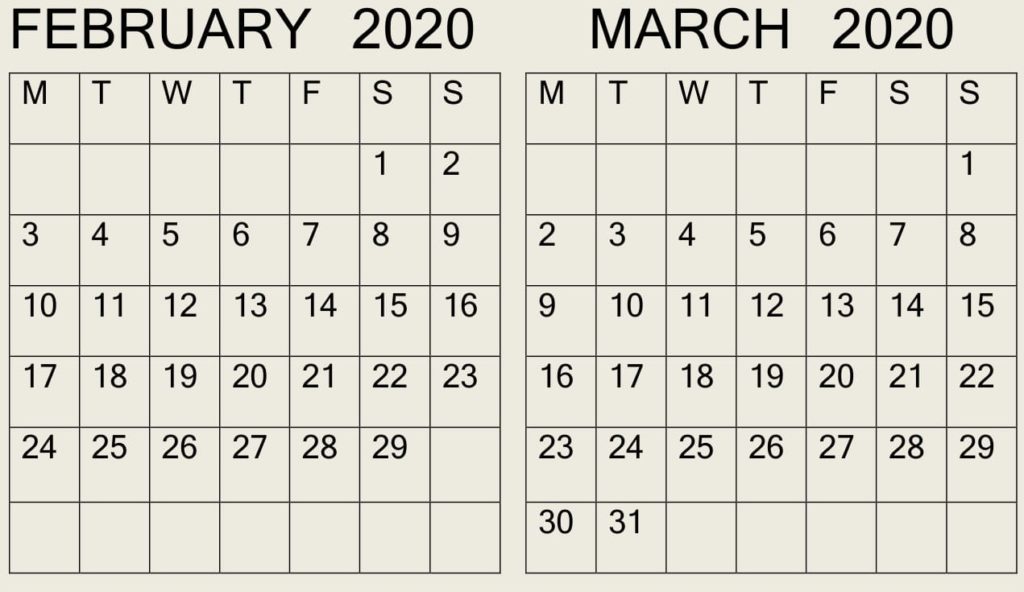 February March 2020 Calendar With Week Numbers Latest Printable