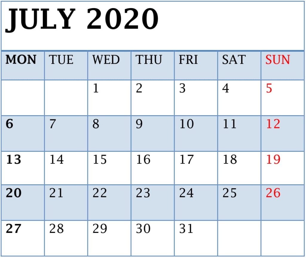 July 2020 Calendar Template for Word, PDF, and Excel Free Download