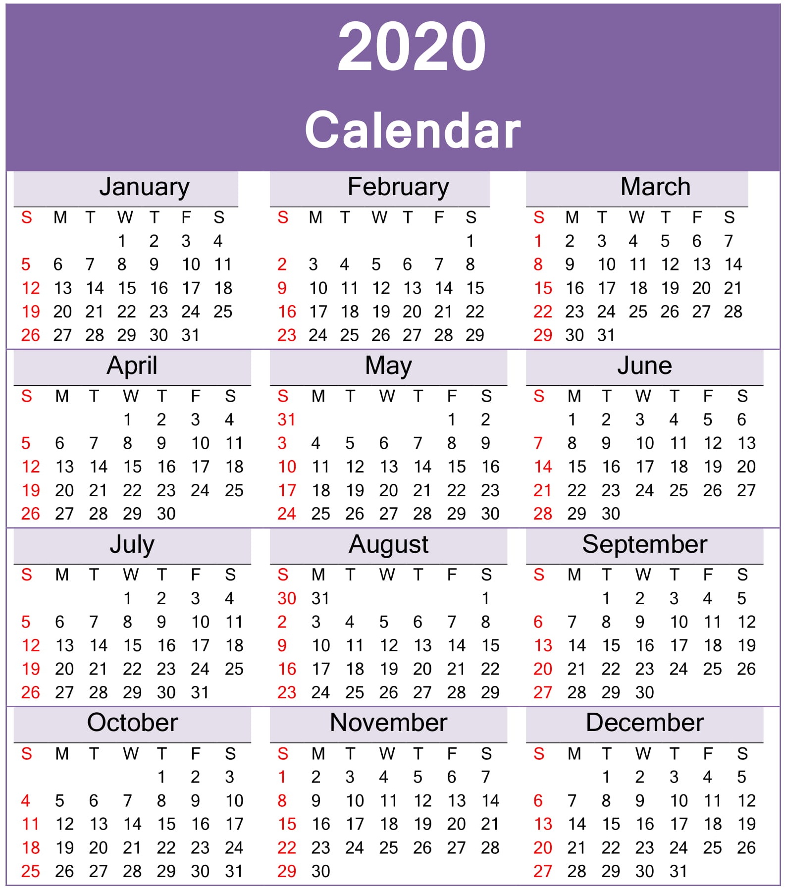 Yearly 2020 Calendar Printable Template
