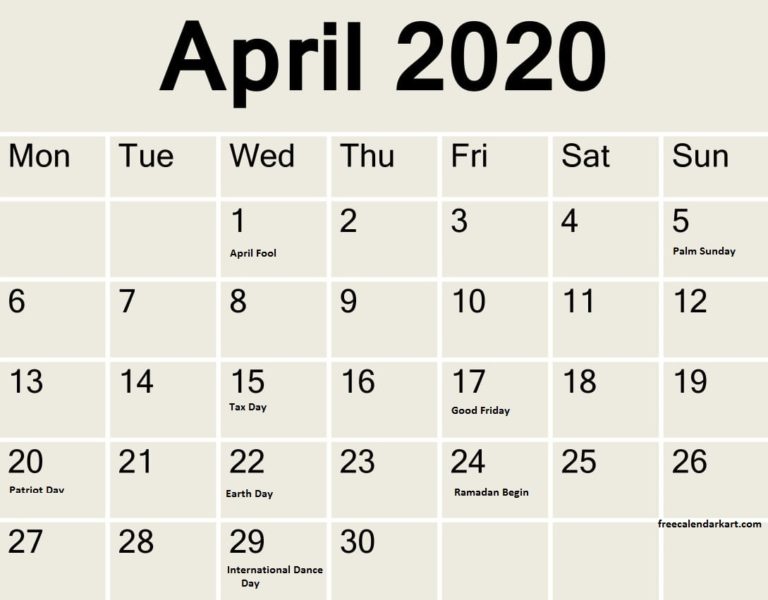 April 2020 Calendar With Holidays Word Doc Latest Printable Calendar
