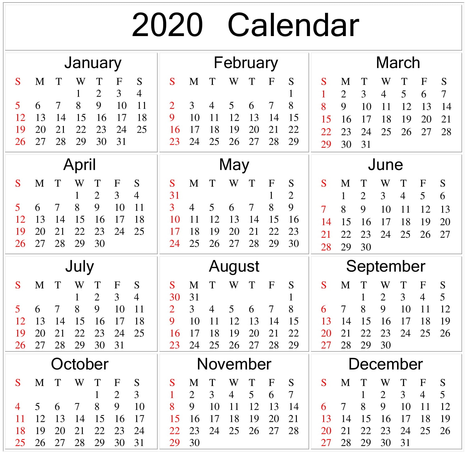 Template Calendar 2020