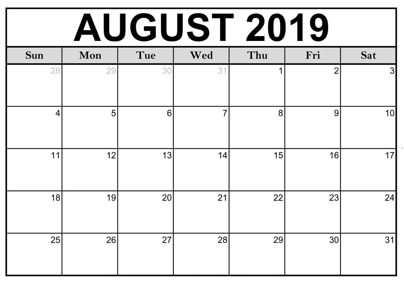 Calendar 2019 August 