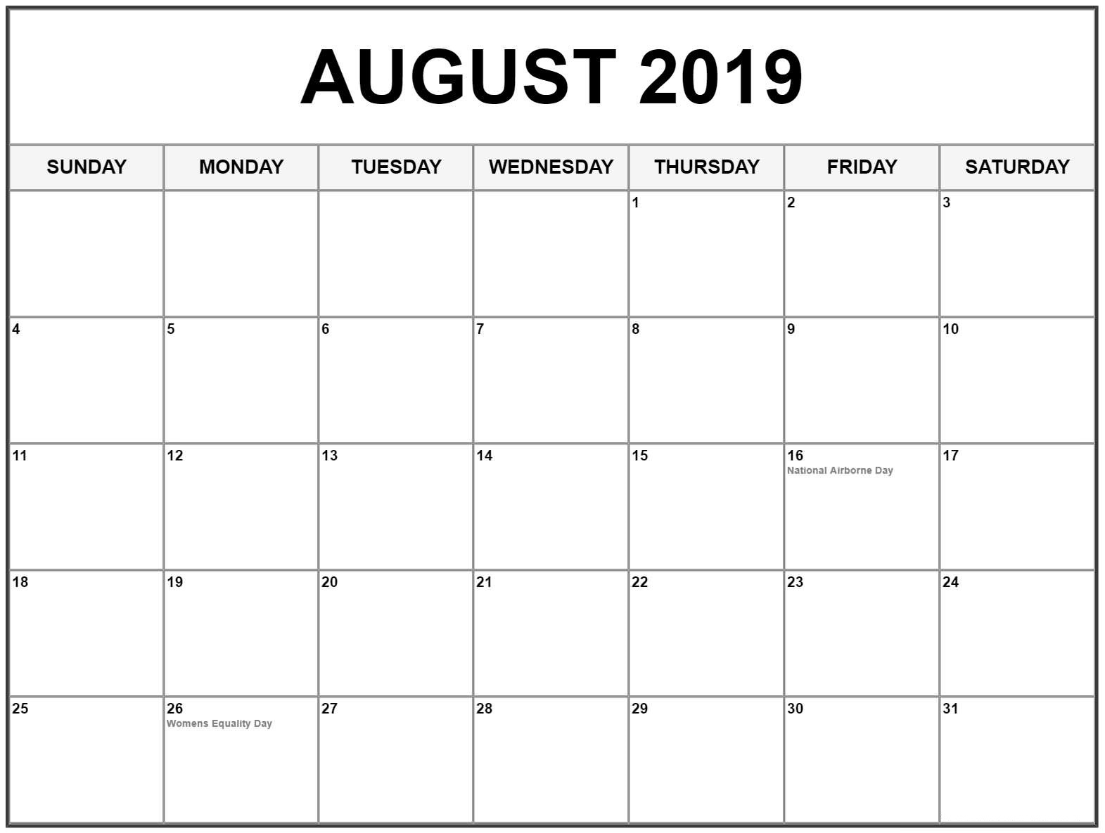 Printable Calendar 2019 August 