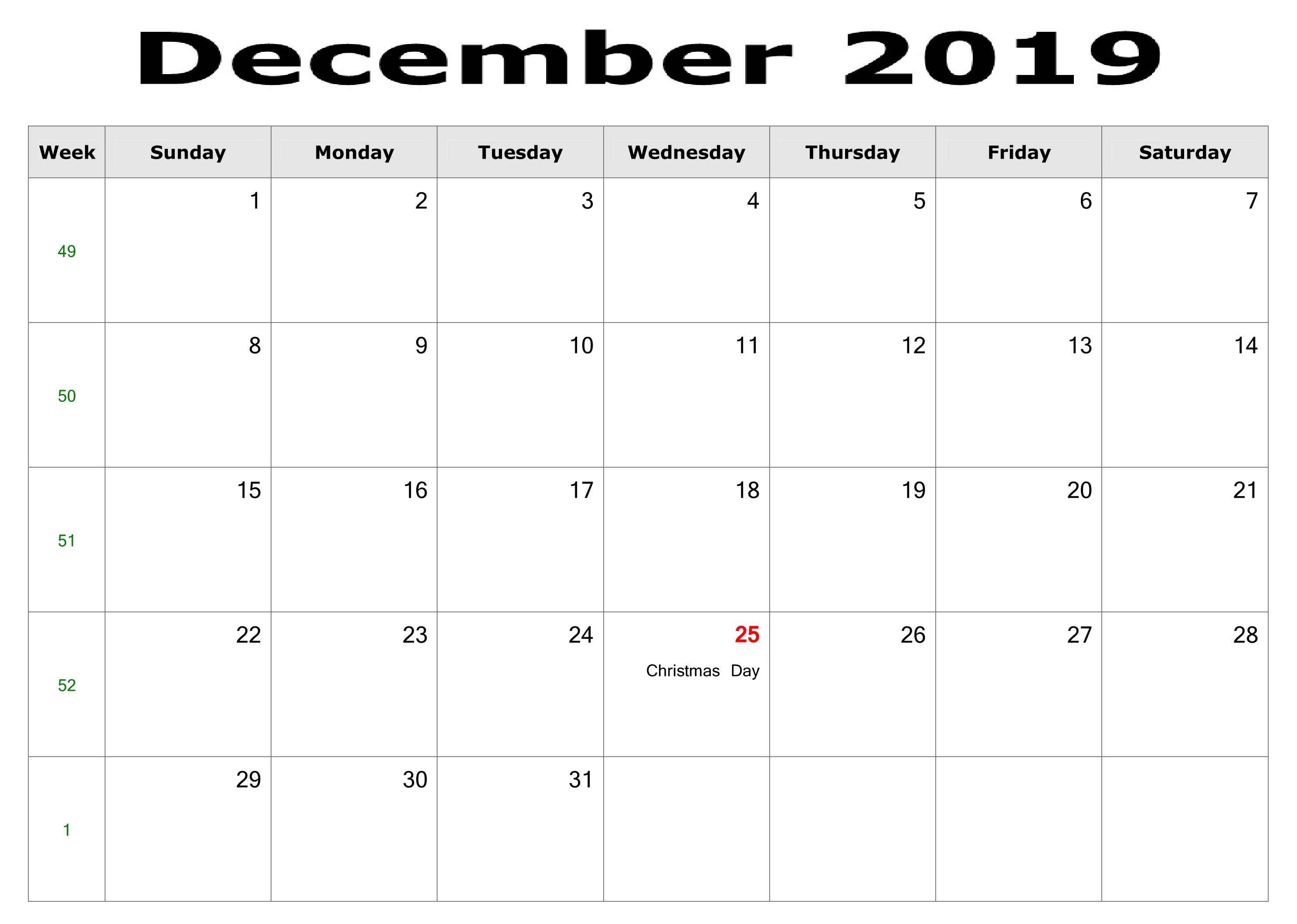 Printable December Calendar 2019 