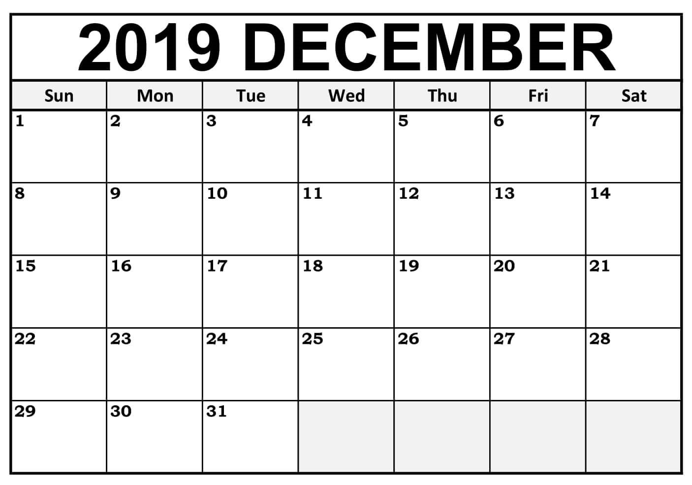 Printable Calendar 2019 December 