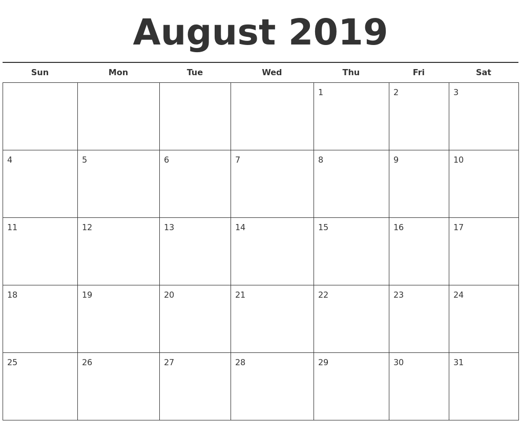 Blank August Calendar 2019 