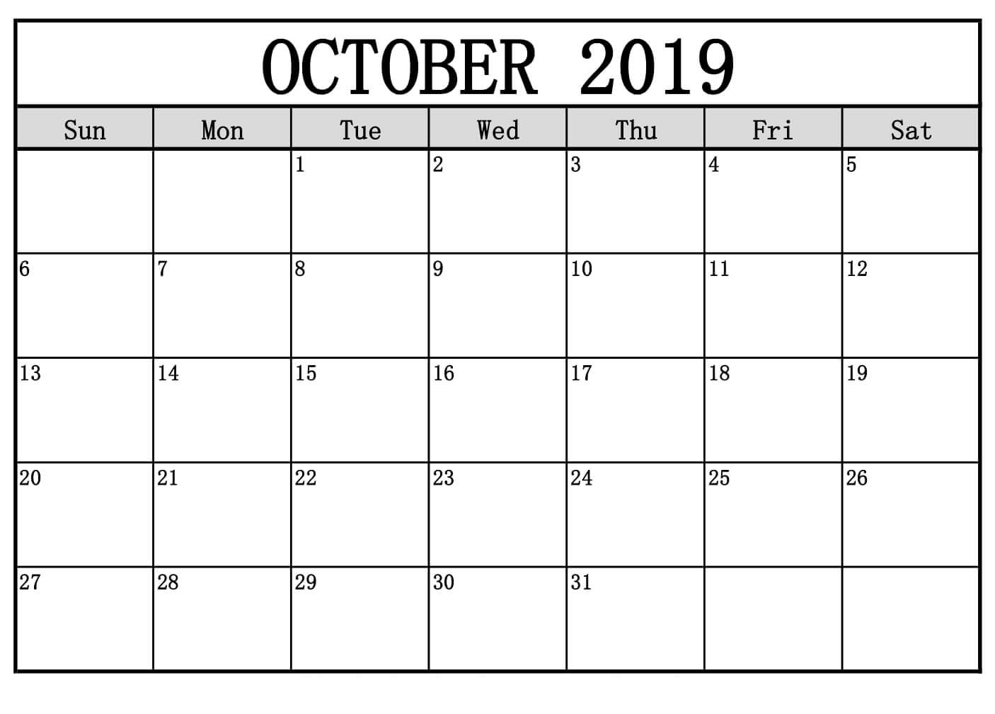 Free Printable October 2019 Calendar