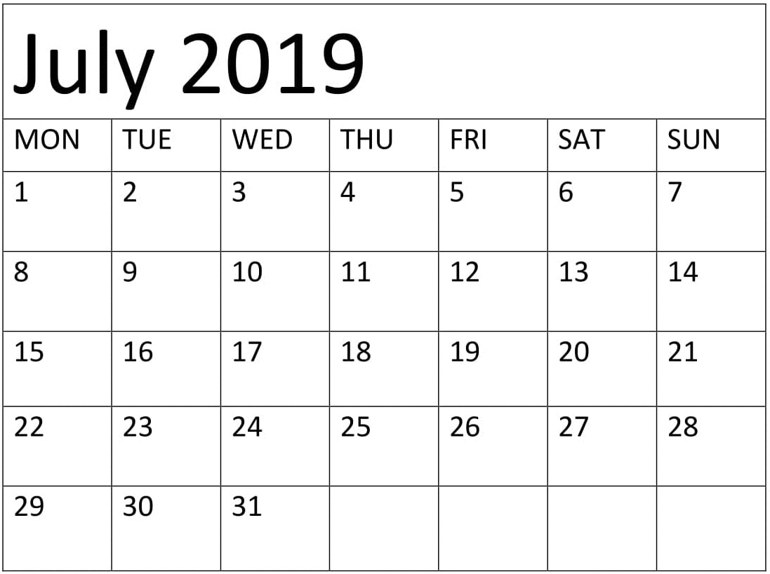 July 2019 Calendar