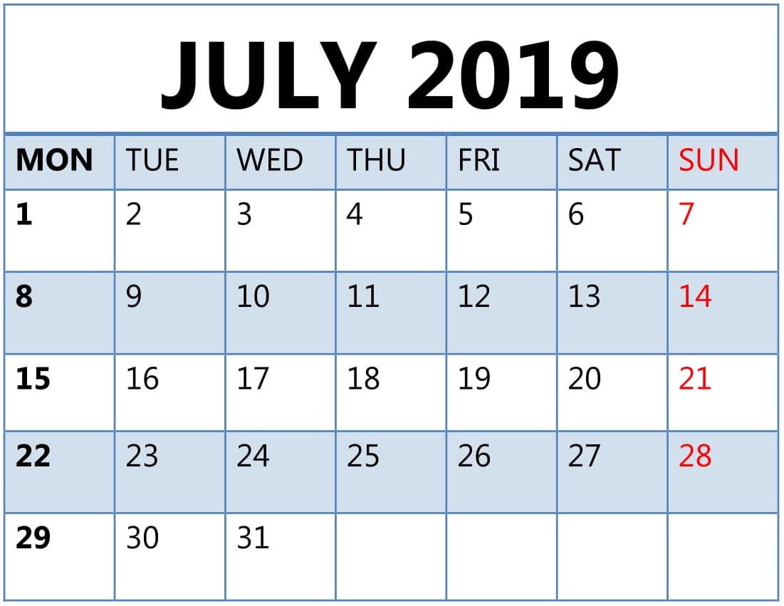 July 2019 Calendar