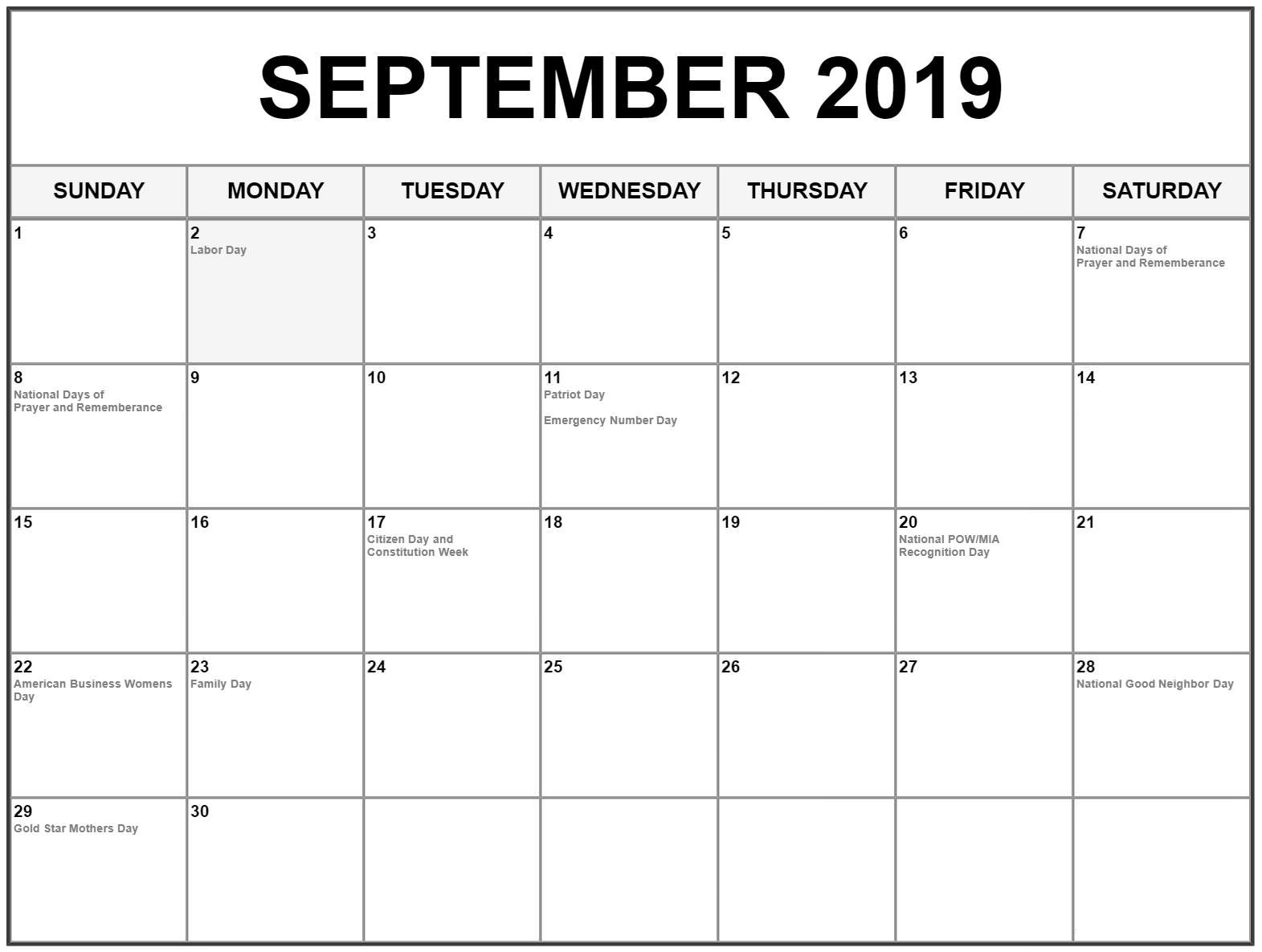 September 2019 Printable Calendar 