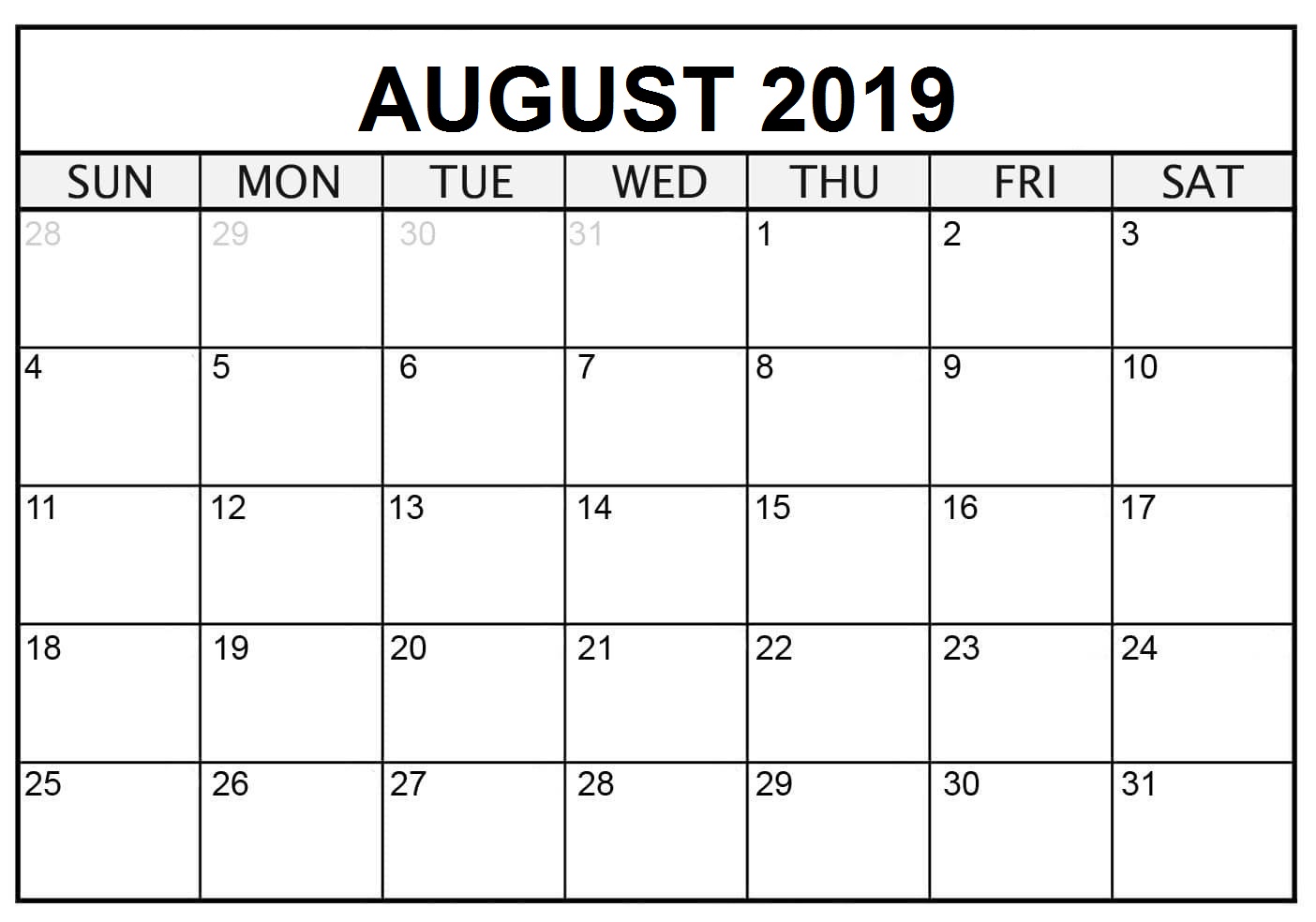 August 2019 Calendar Blank