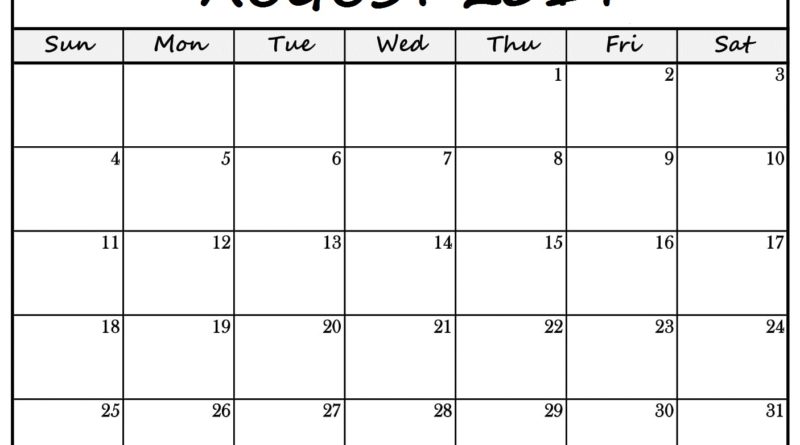 Printable August 2019 Blank Calendar