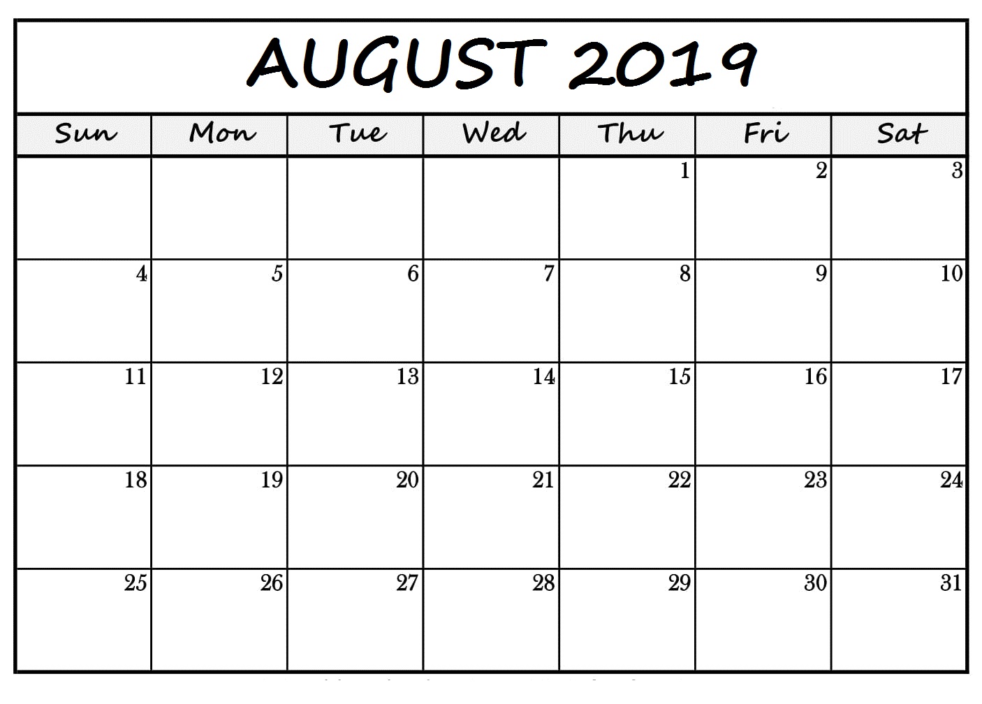 Printable August 2019 Blank Calendar 