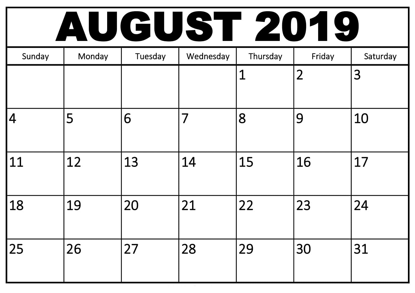 August 2019 Calendar Blank Template