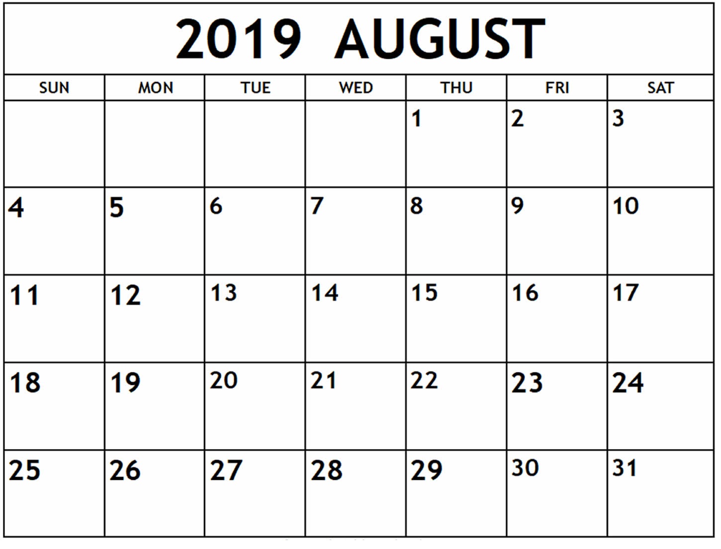 August Calendar 2019 