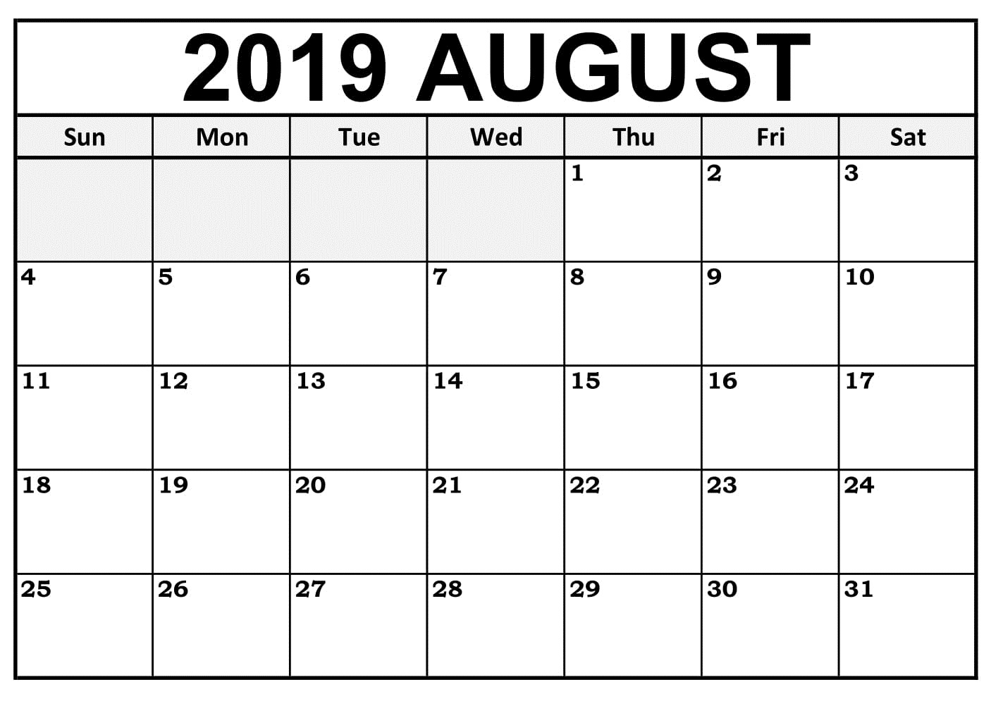 August 2019 Template Calendar 