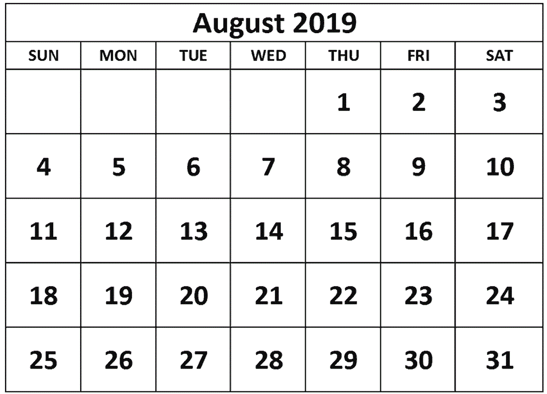 August 2019 Calendar 