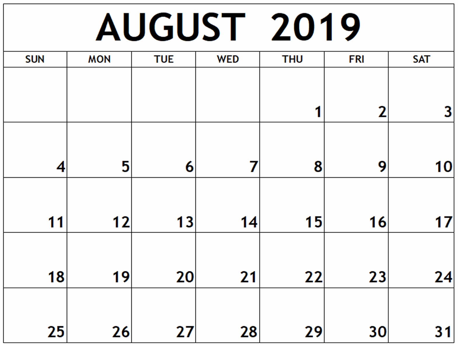 Calendar For August 2019 