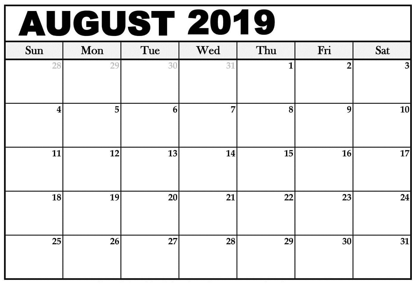 August Calendar 2019 