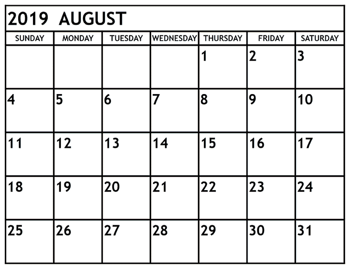 Free Printable August 2019 Calendar