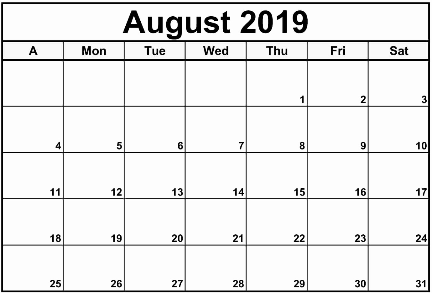  Printable August 2019 Calendar Template