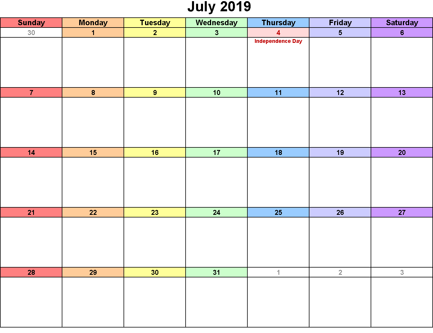 Blank July 2019 Calendar Template 
