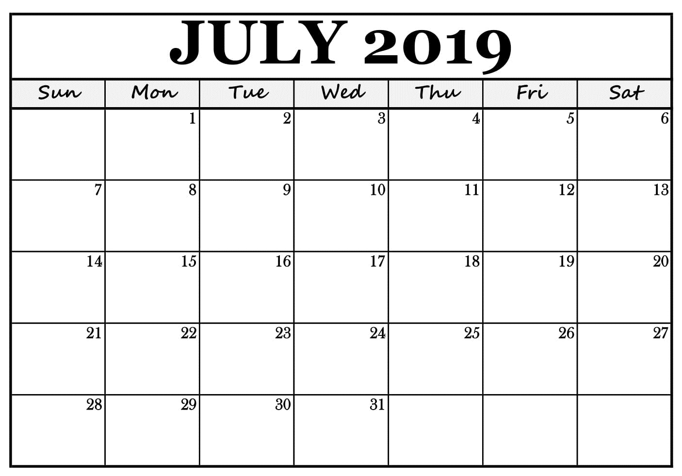 2019 July Calendar 