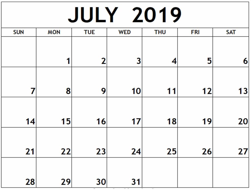 July 2019 Printable Calendar Landscape Layout - Latest Printable ...