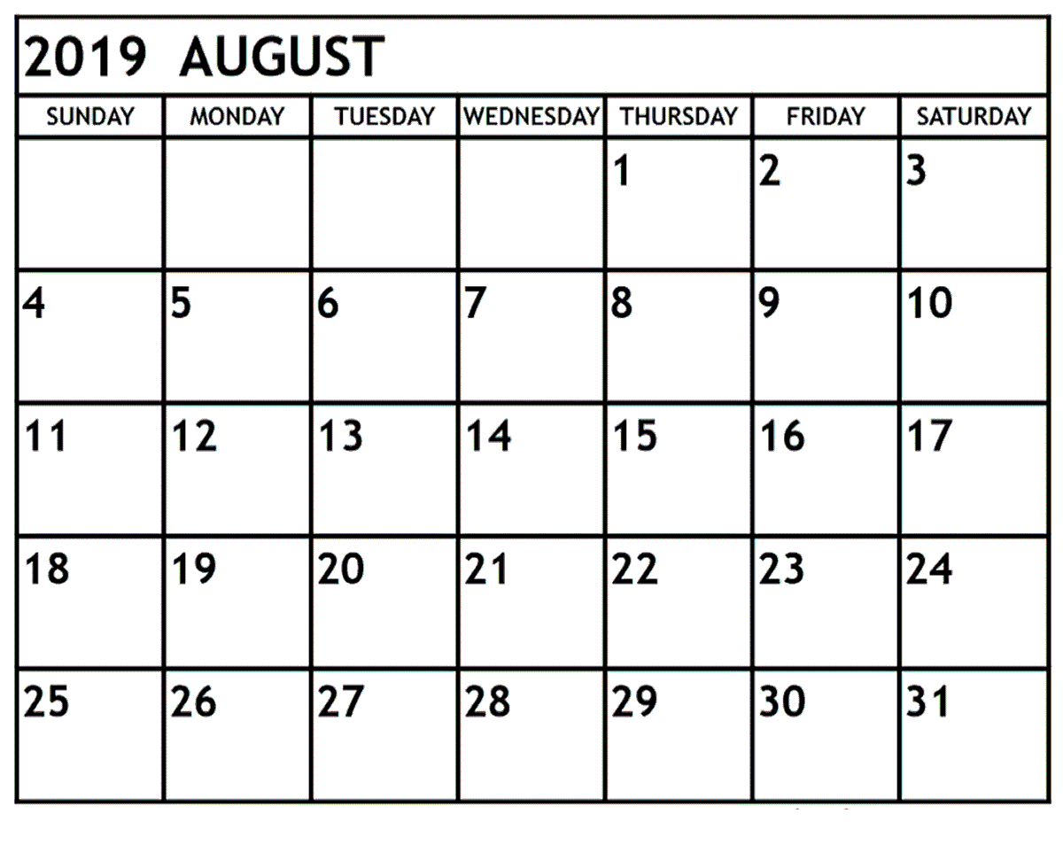 Printable August 2019 Calendar 