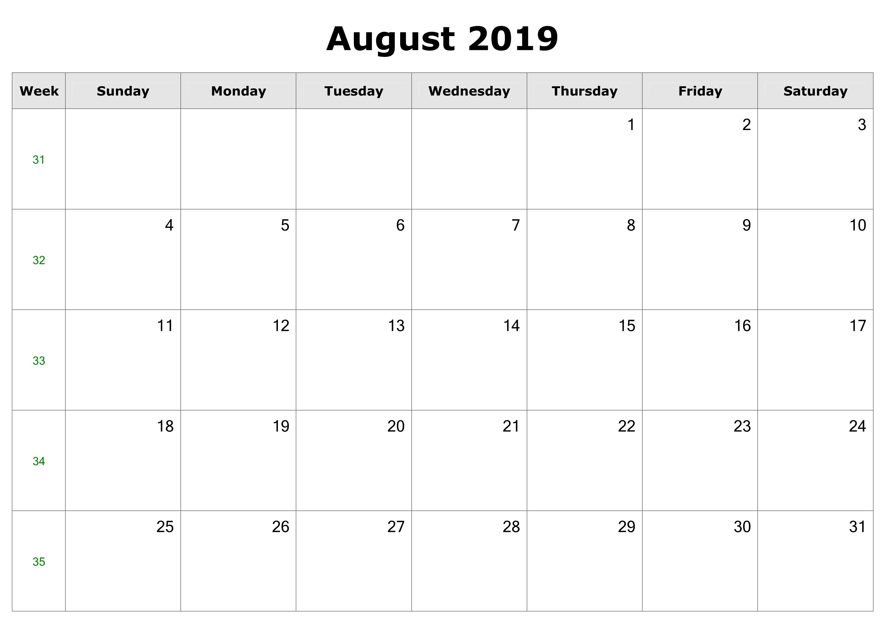  August 2019 Calendar Printable