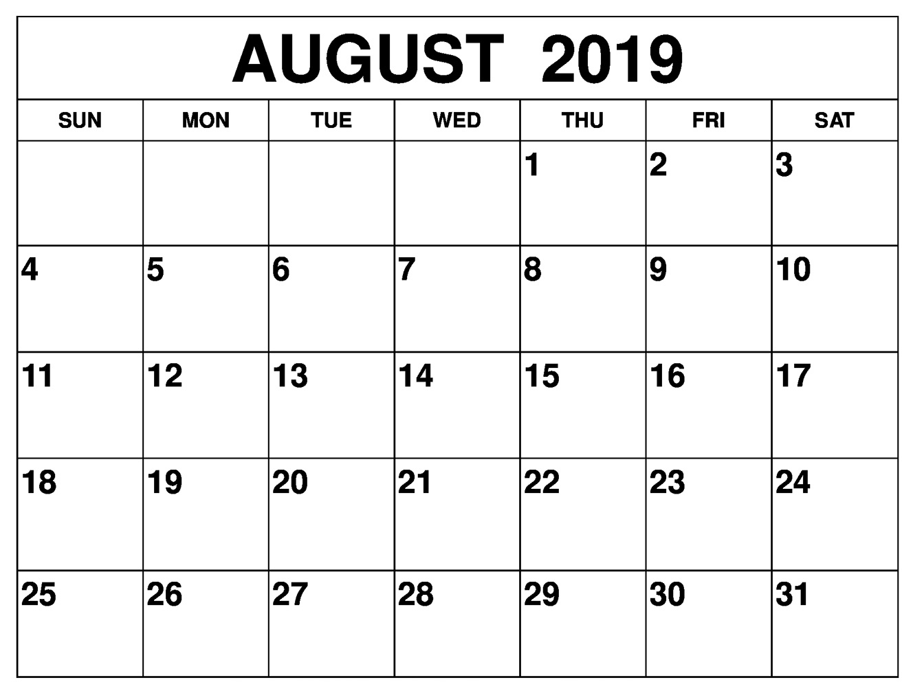  August 2019 Blank Calendar