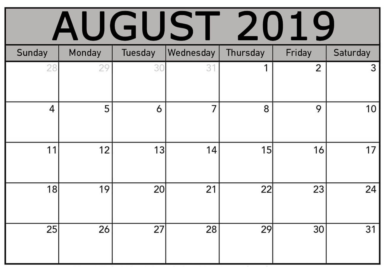 Printable Aug 2019 Calendar