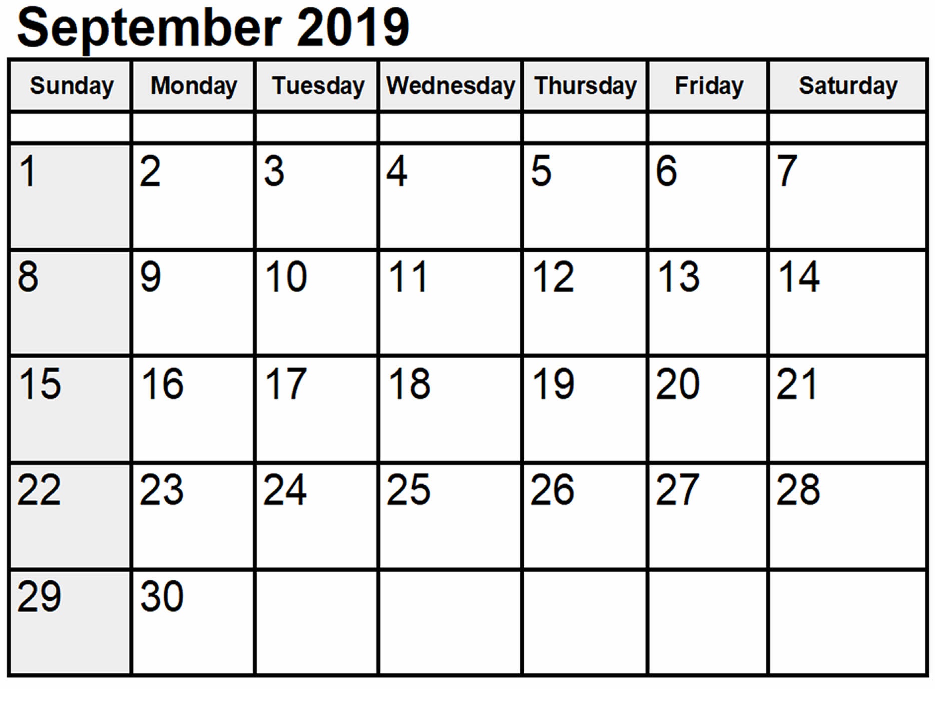 September 2019 Calendar Print Out