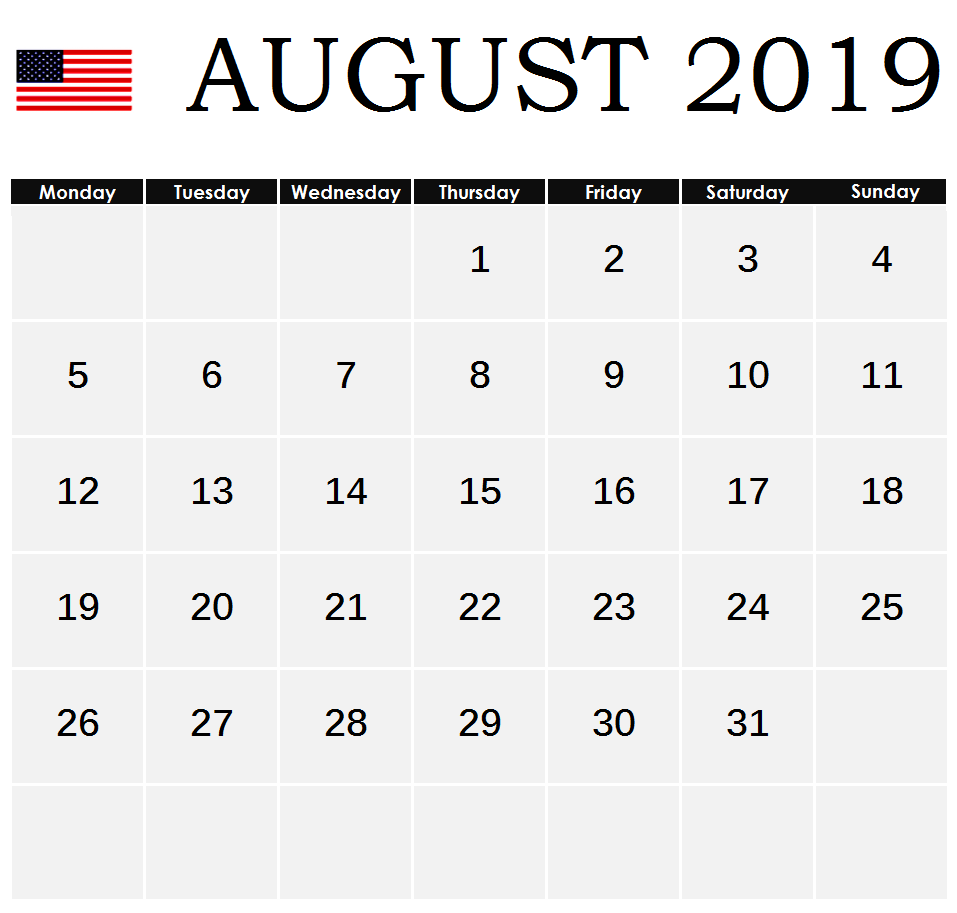 August 2019 Calendar With Holidays