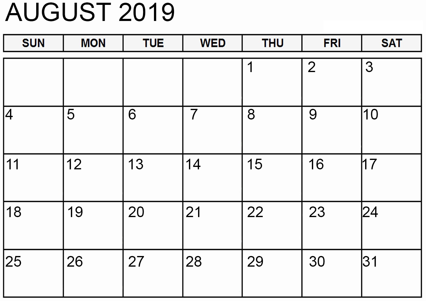 Aug 2019 Calendar With Holidays For 