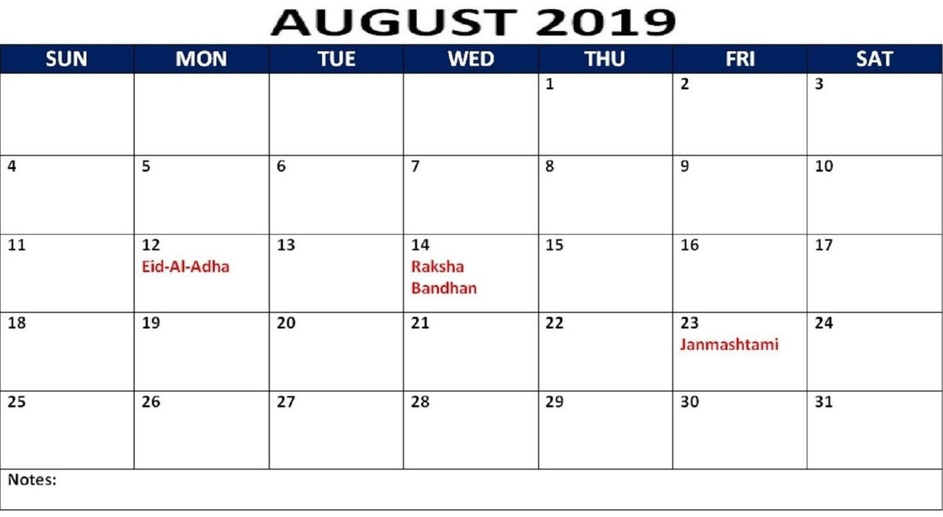 August Calendar 2019 With Holidays