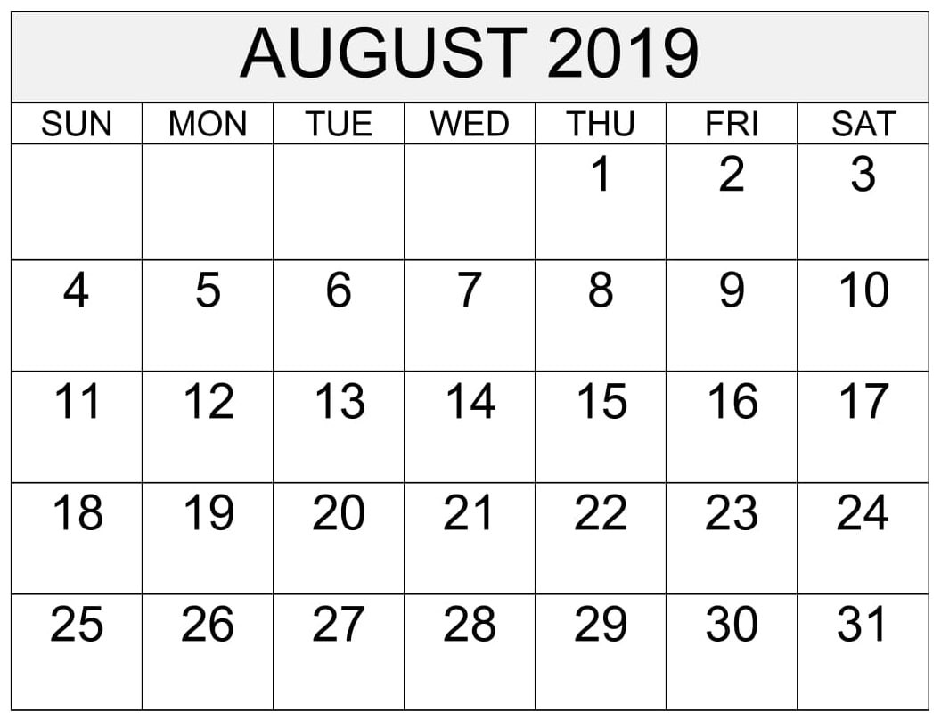 Aug 2019 Calendar With Holidays