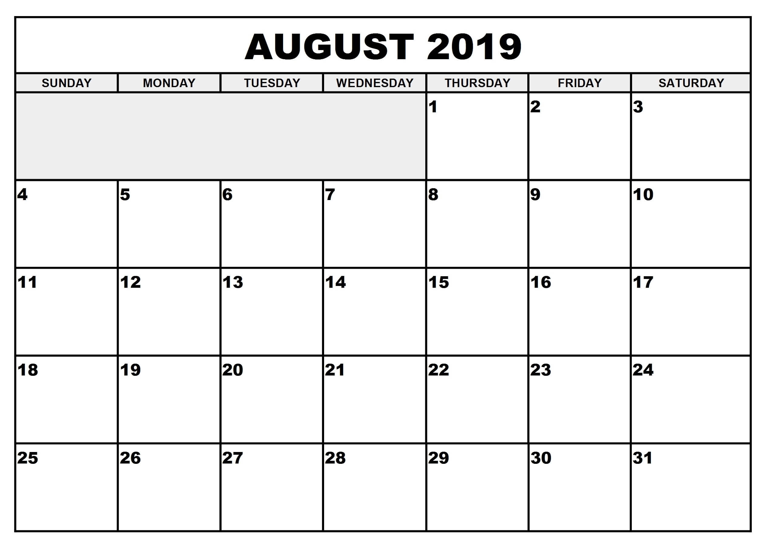 August 2019 Printable Calendar 