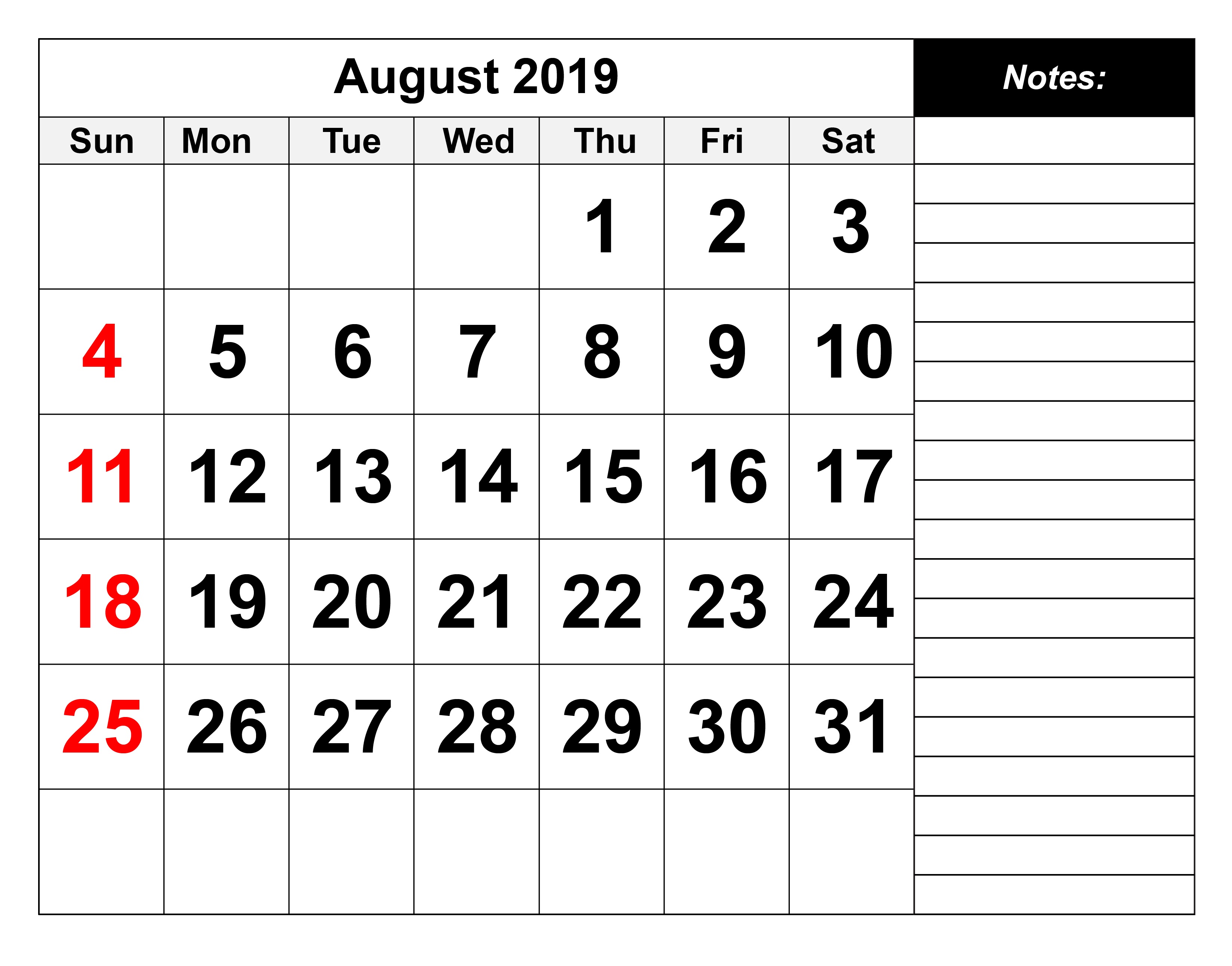 August 2019 Printable Calendar 