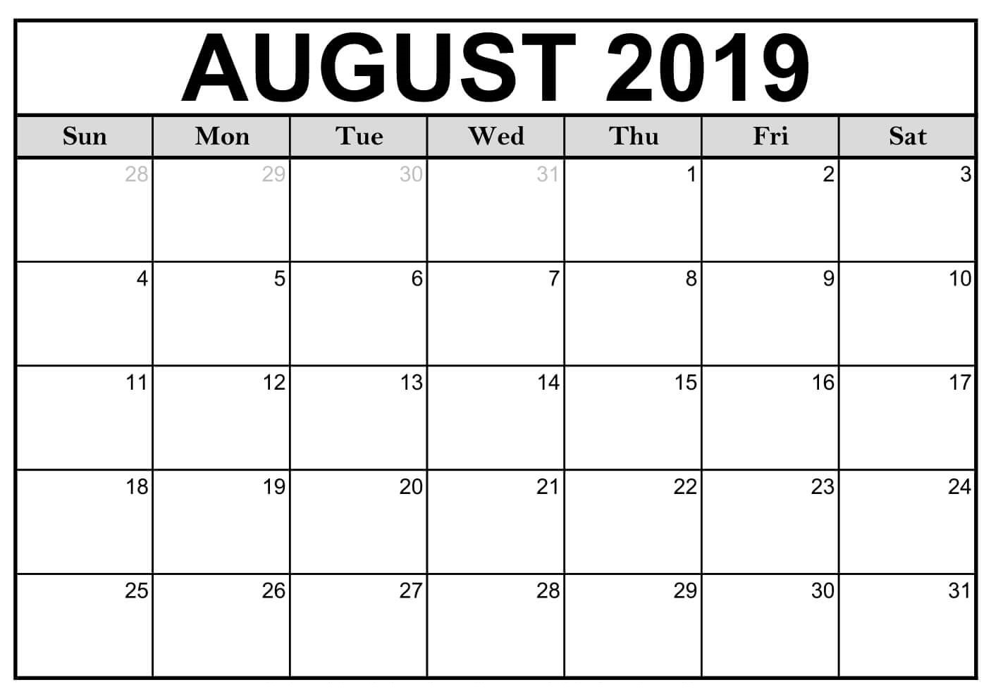 August 2019 Printable Calendar