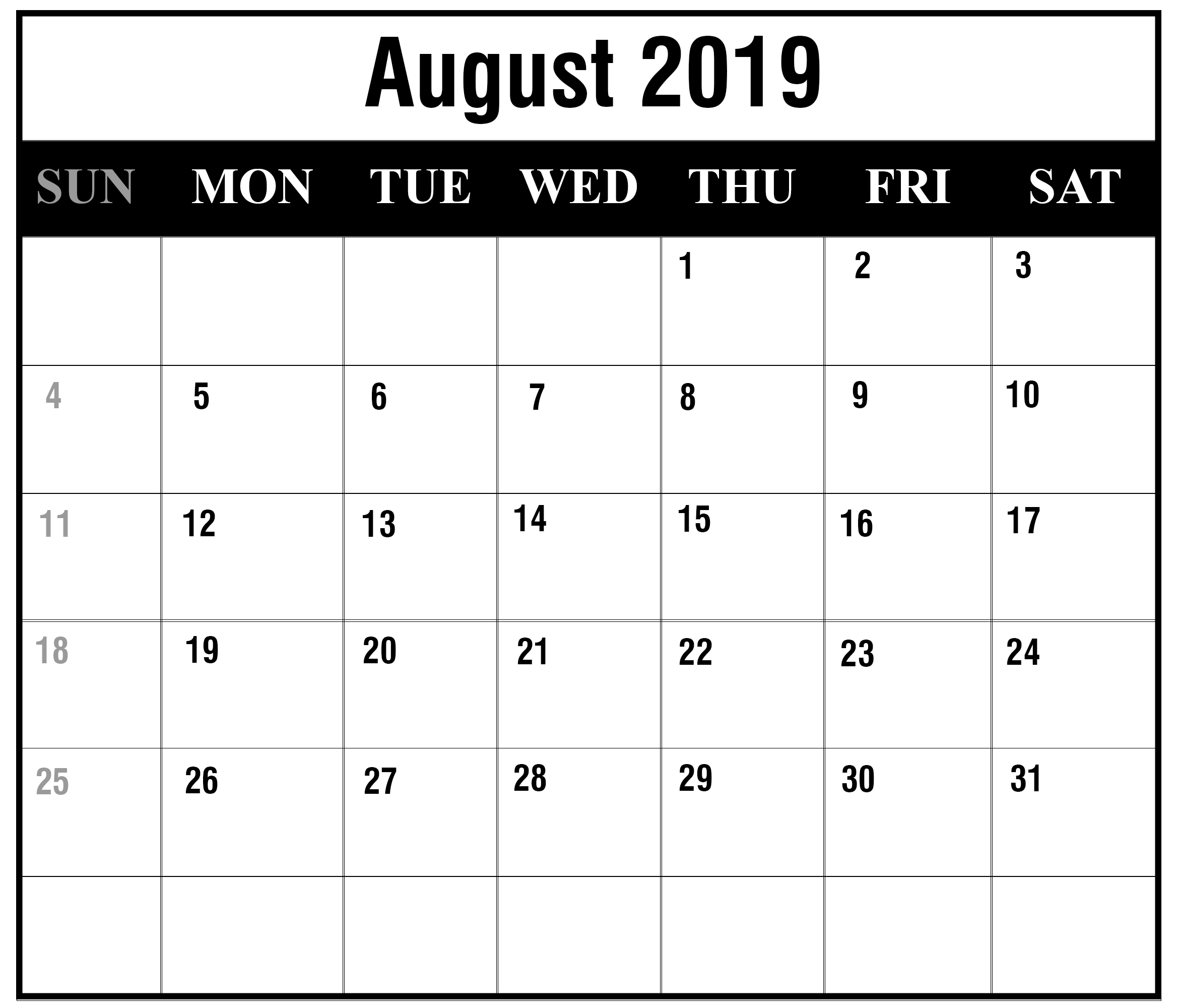 August 2019 Printable Calendar