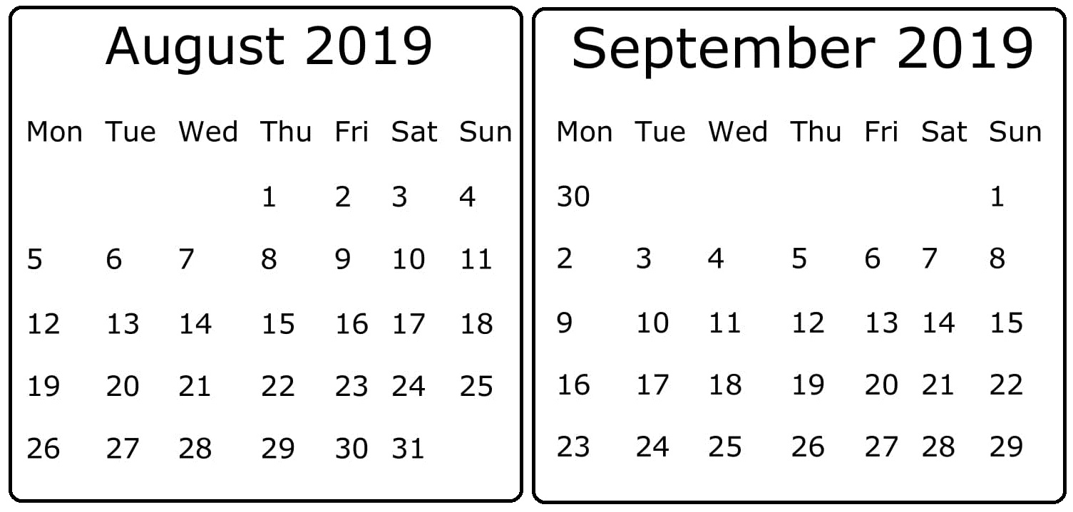 August September 2019 Calendar 