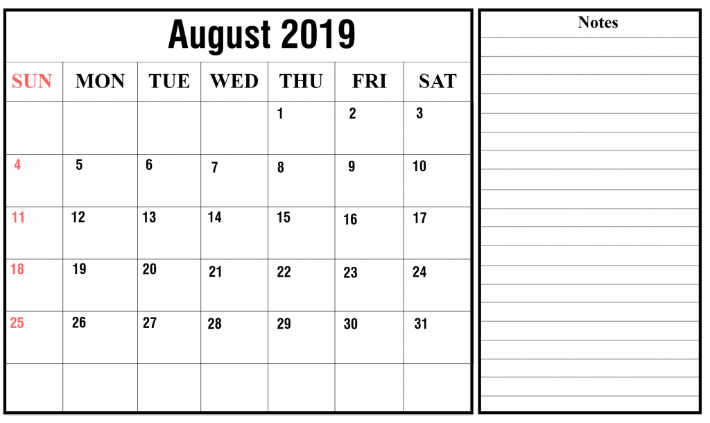 Blank August Calendar 2019 