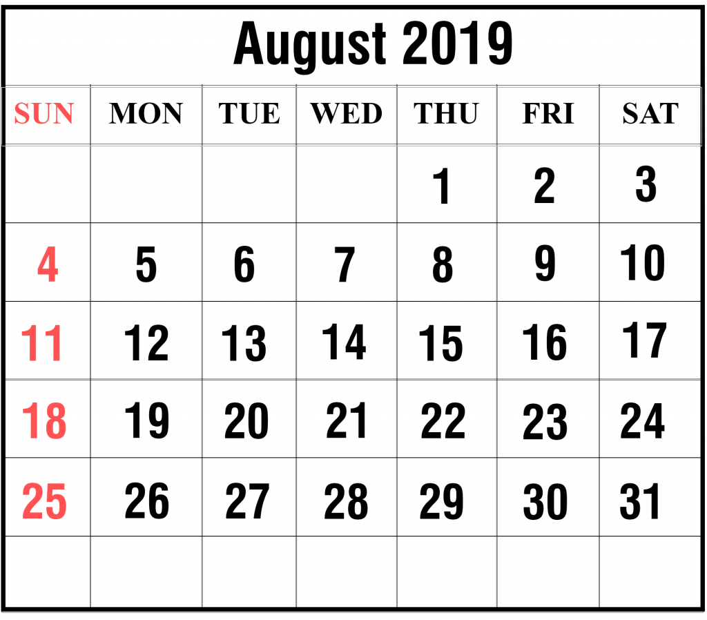 Blank Aug 2019 Calendar 