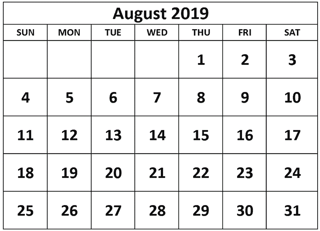 Blank August 2019 Calendar Template